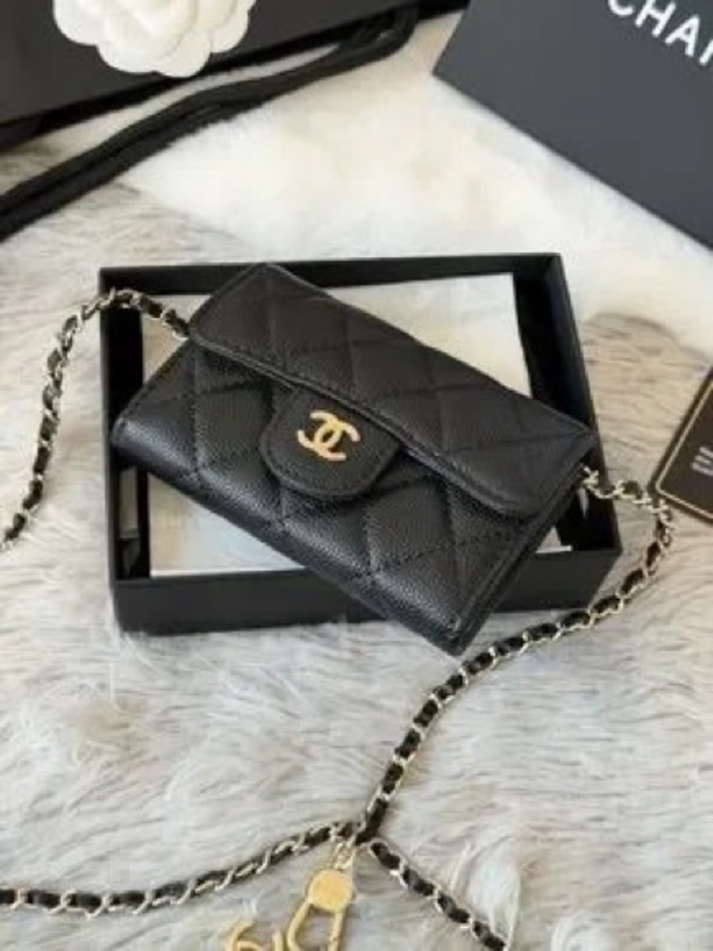 CHANEL Black Quilted CC Chain Wallet with Gold Hardware